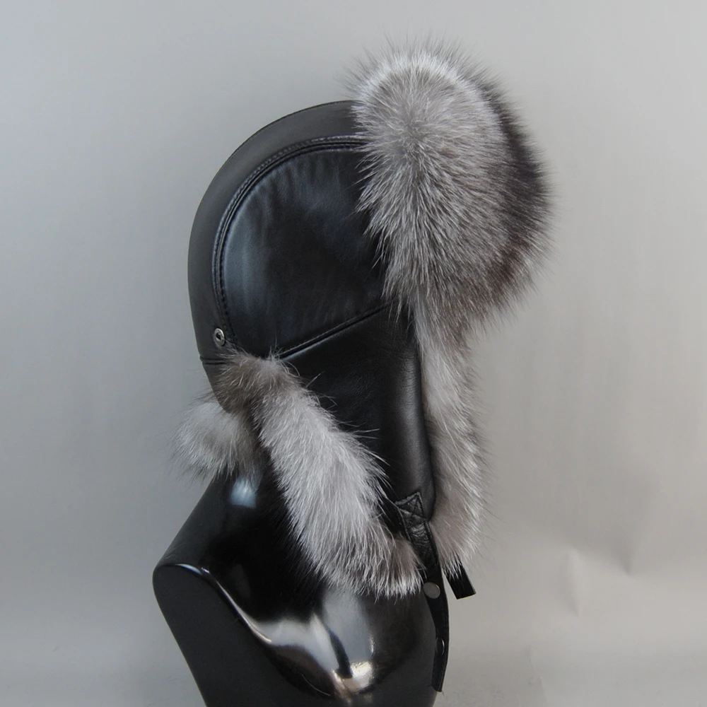 Genuine Silver Fox Fur Hat with Ear Flaps Real Natural Fur Caps for Russian Women Bomber Hats Trapper Cap with Real Leather Top