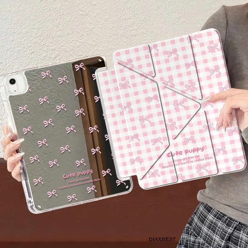 Korean Pink Bow Mirror New Tablet Case For iPad Pro 11 12.9in 13 M4 9.7 10.2 5/6th 7/8/9 10 11th MINI 6 7 Air 5 6 7 Trifold Case