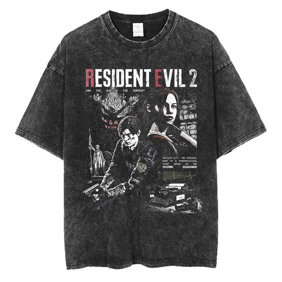 Biohazard Resident Evil Leon Kennedy Chainsaw Man Acid Wash Oversized Cotton T Shirt 2026 Horror Game Graphic Tee for Men Women