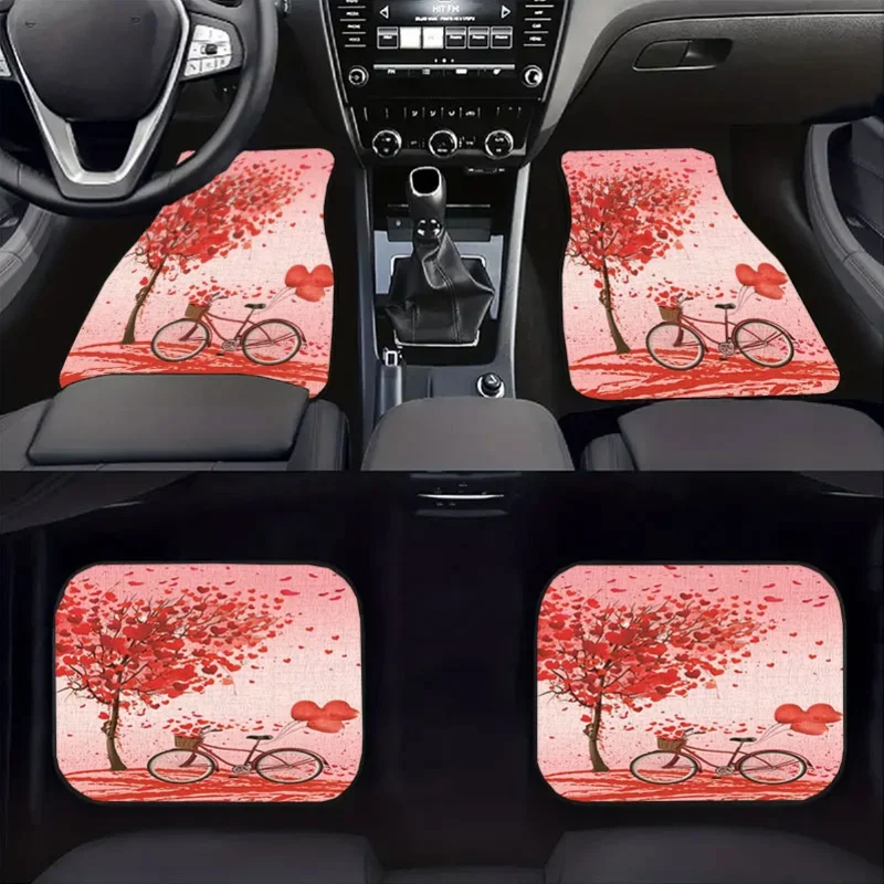 4pcs Romantic Cherry Blossom Bicycle Pattern Car Floor Mat Set | Universal Fit, Anti-Slip, Crystal Velvet Material, Easy To Clea