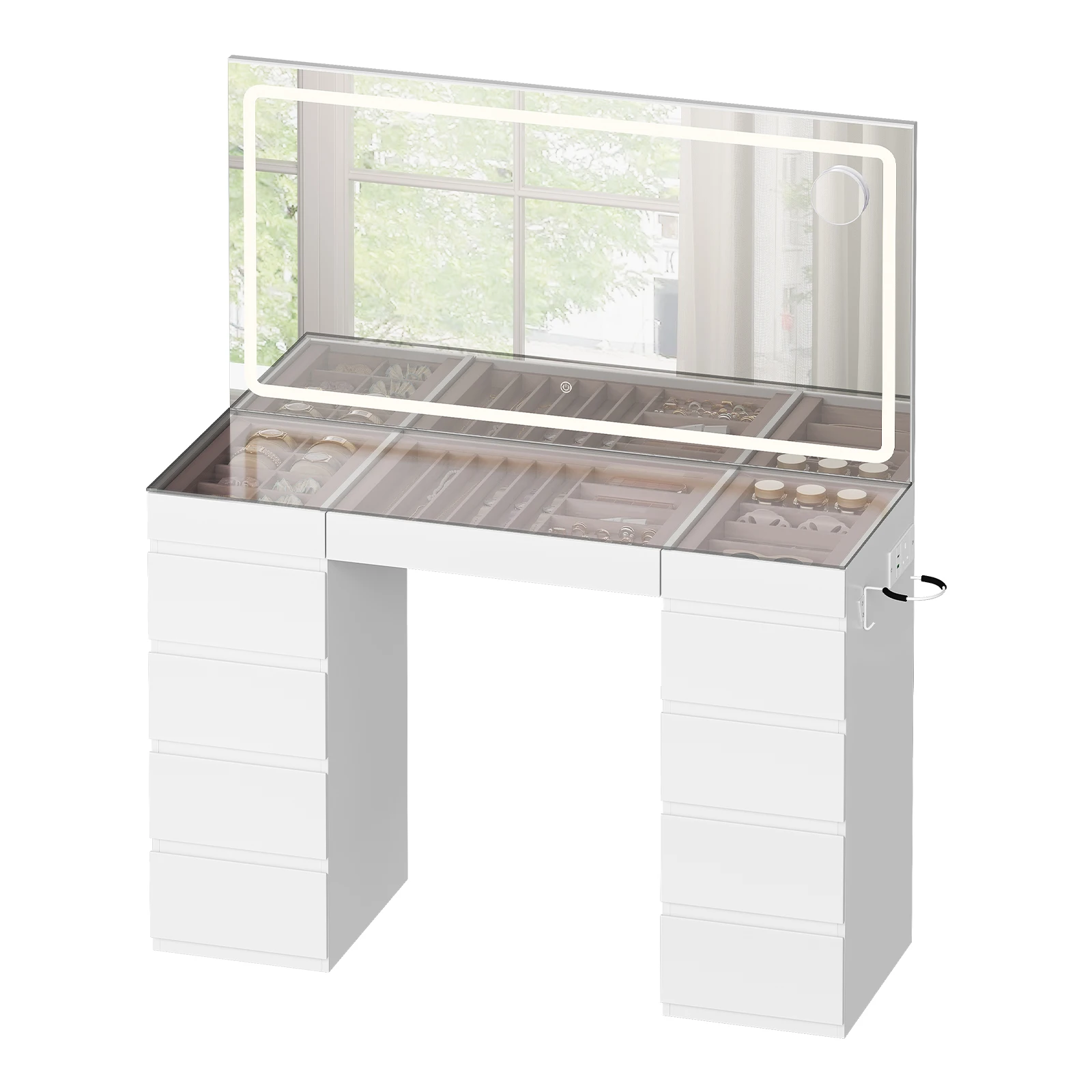 Coiffeuse WOLTU avec miroir et lumière LED tricolore réglable, espace de rangement, base de chargement, plateau en verre et support pour sèche-cheveux, 11 tiroirs inclus, idéale pour la chambre à