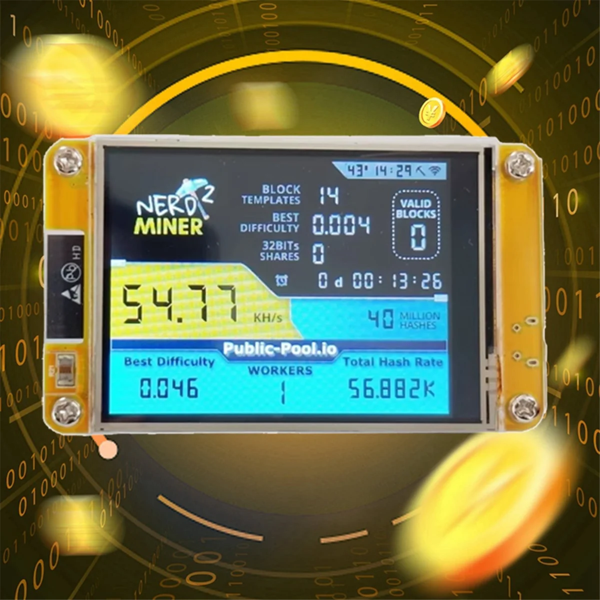A56XQ NerdMiner 2 Penambang 55-60KH/S Layar 2.8 Inci BTC Penambang Lotere Tunggal Bitcoin BTC Penambang Solo Nerd Penambang dengan Casing