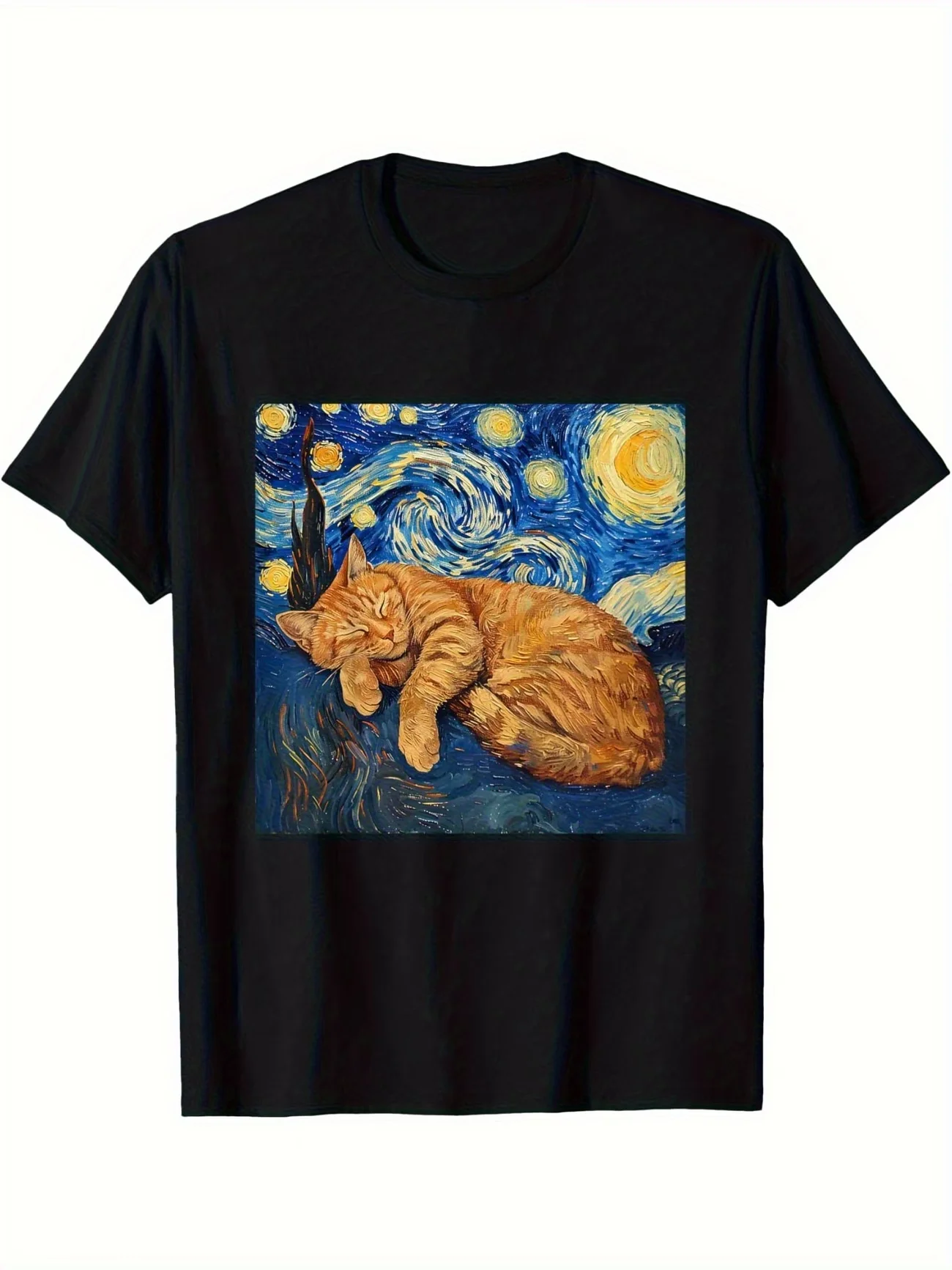 Men's Funny Van Gogh Starry Night Cat Art T Shirt Cotton Tee Women Oversize Humor Vintage Top Meme Loose Short Sleeve Streetwear