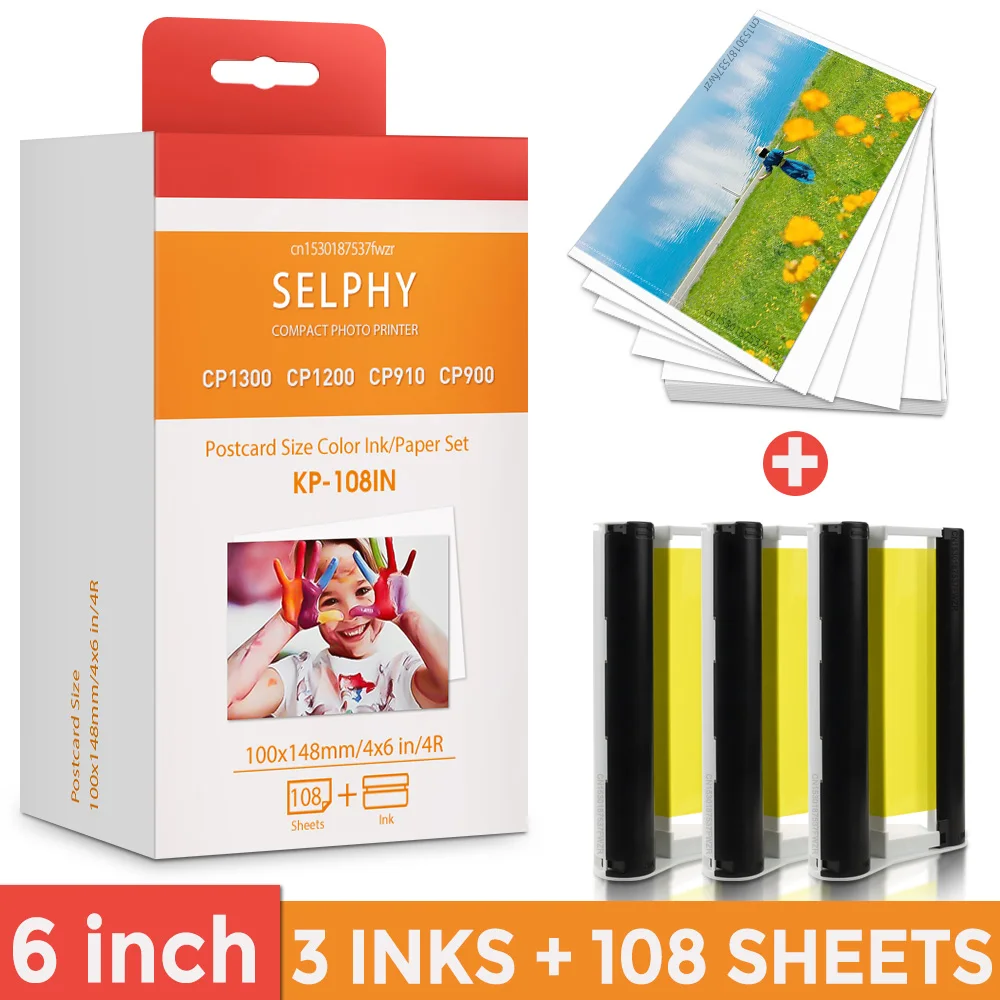 6 Inch Selphy Paper Ink Compatible for Canon Selphy CP1300 CP1500 CP1200 CP910 CP900 Photo Printer KP108IN use for 6 Inch Tray