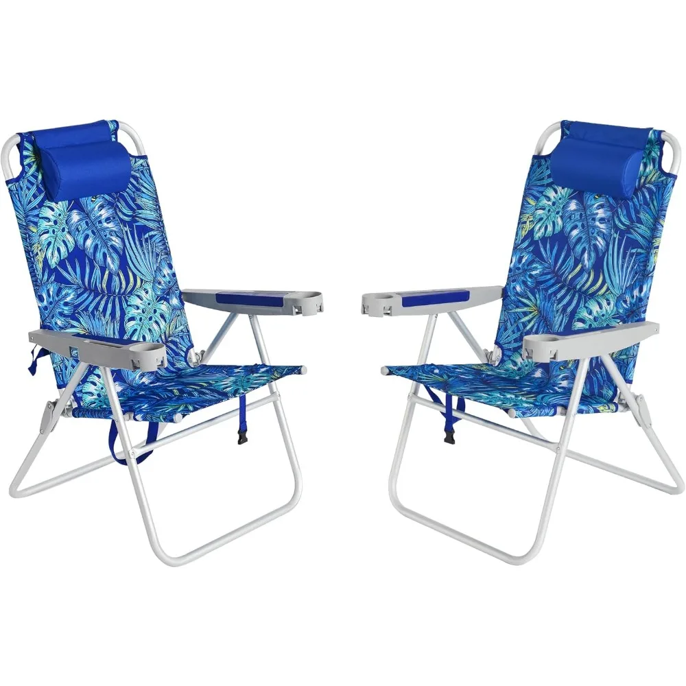 

17" Tall Oversized Beach Chairs 2 Pack For Adults Heavy Duty 500 Lbs, 5 Position, Portable High Folding Camping Chair With Cup