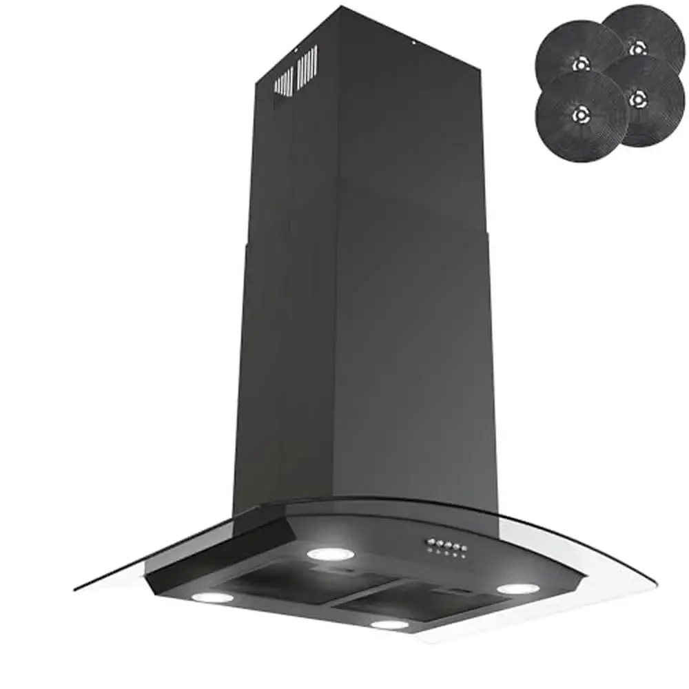 Campana extractora convertible de 30 ", ventilador de 3 velocidades, luces LED, vidrio templado negro mate, chimenea de techo con conductos de 350 CFM CF0011