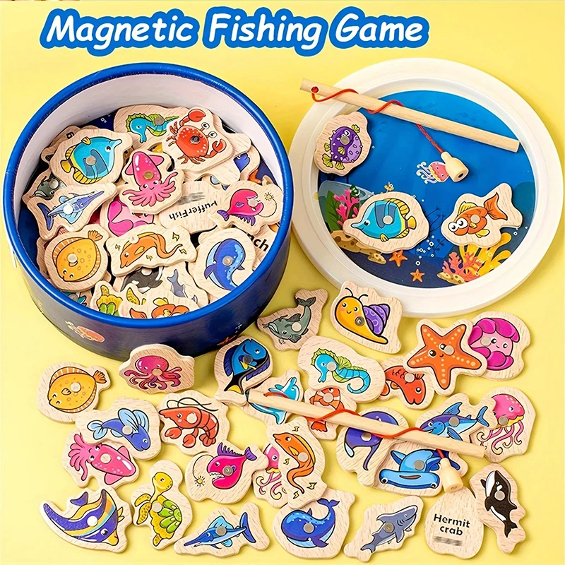 Juego de juguetes de pesca con imán de madera 3D, casa de juegos de simulación de madera. Aprendizaje magnético: divertido juego de rompecabezas de peces # Para niños Regalos para bebés@