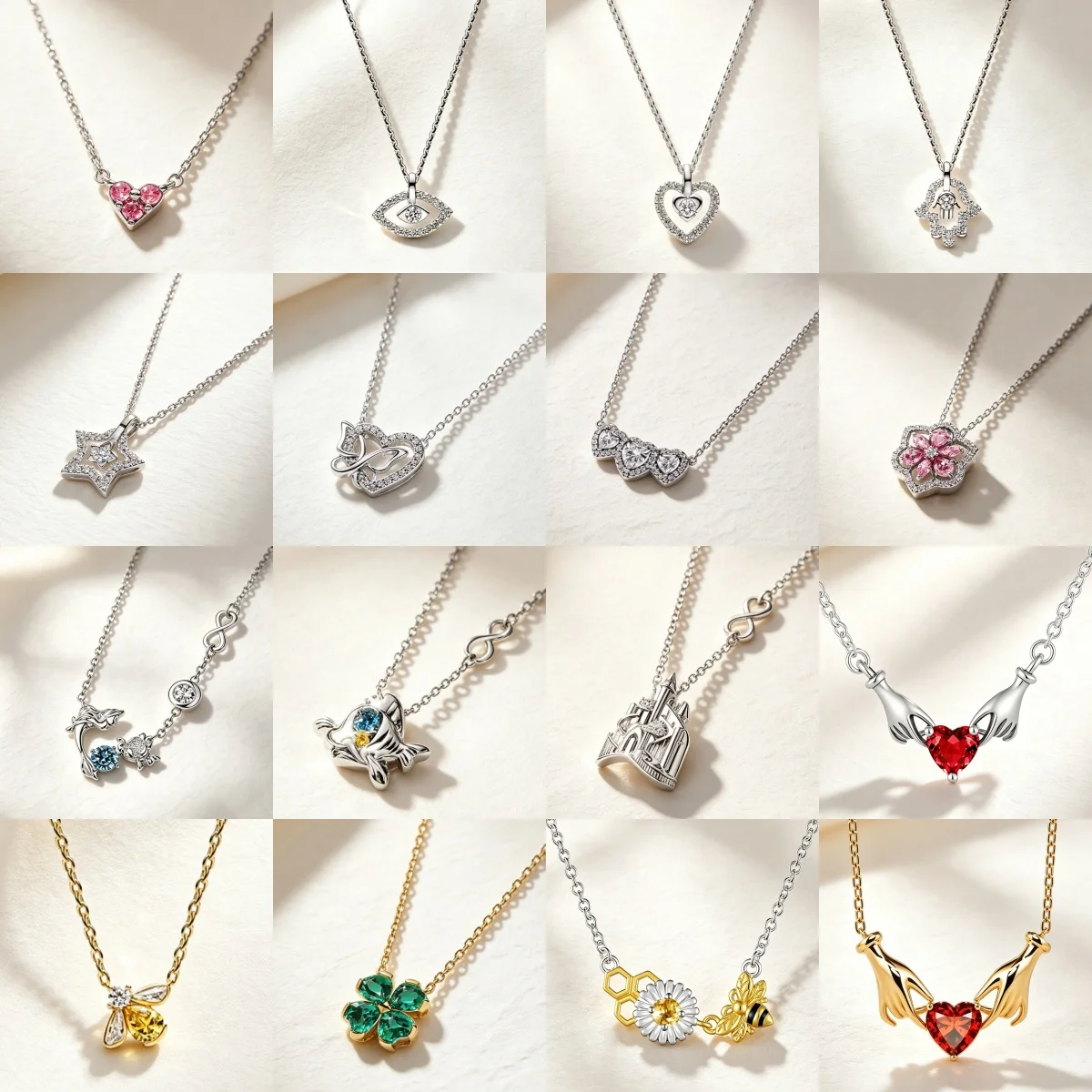 925 Silver CZ Inlaid Heart-Shaped Flower Animal Architecture Castle Pendant Necklace, Adjustable Bracelet for Women Jewelry Gift