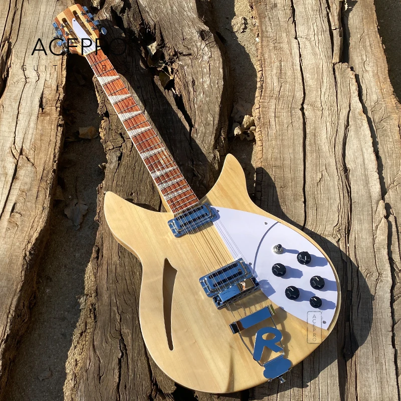 12 String 360 Electric Guitar Natural Semi Hollow Body Double Output Jacks Tailpiece Bridge Rosewood Fretboard Guitarra