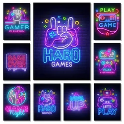 Gaming Quotes Game Night Love Game Neon Art Poster Canvas Painting Abstract Wall Art For Playroom Home Decoration Cuadros No LED