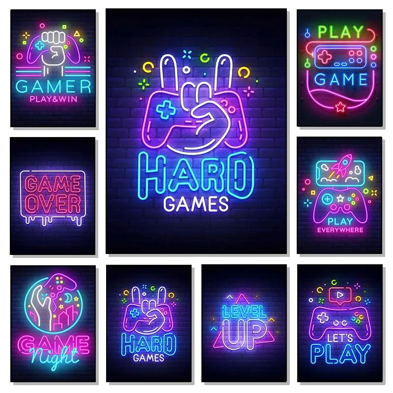 Gaming Quotes Game Night Love Game Neon Art Poster Canvas Painting Abstract Wall Art For Playroom Home Decoration Cuadros No LED