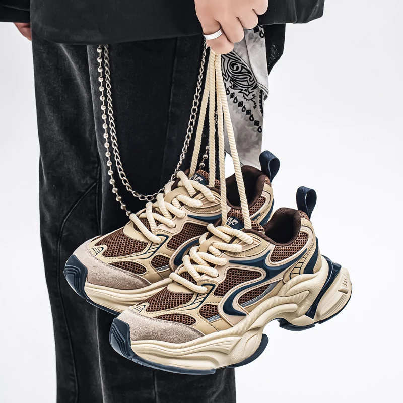 Herren-Dad-Sneaker, atmungsaktives Obermaterial aus großem Mesh, dicke Juteschnürsenkel, farblich abgesetzte dicke Sohle, höhenvergrößernd und rutschfest, retro-trendiger Stil, mehrere Farboptionen verfügbar, vielseitige Freizeitschuhe für den täglichen Arbeitsweg und die Straßenmode. – Detail 1