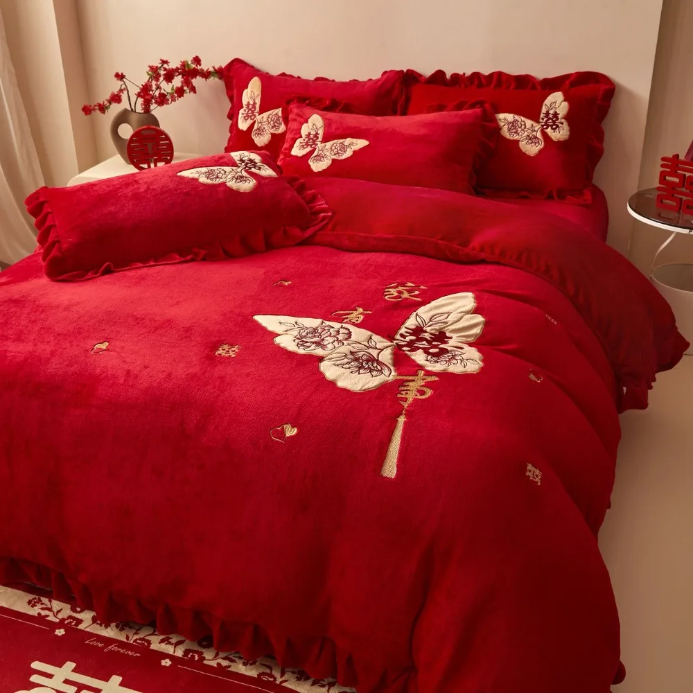 Winter Red Embroidered Milk Fleece Quilt Cover Thickened Four-piece Wedding Bed Sheet Pillowcases Bedding Set