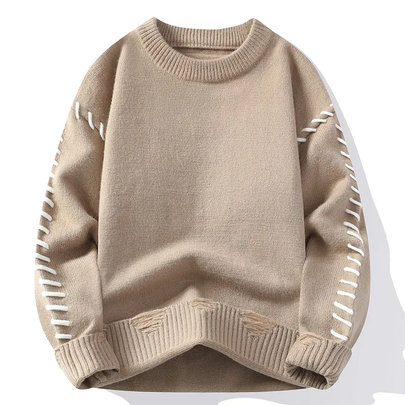 Solid Color Trendy Loose Knit Sweater With Coarse Yarn Weaving Pattern For Autumn And Winter Men's Top And Street Pullover