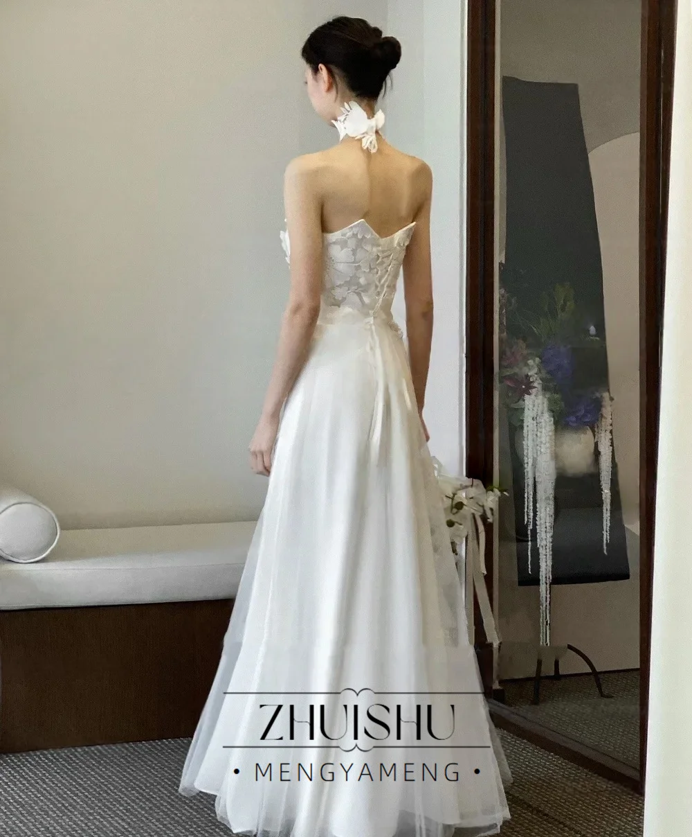 Elegant Lace Flower Wedding Dress Korean Photography Sleeveless A Line Evening Gown Elastic Satin Back Corset Customized