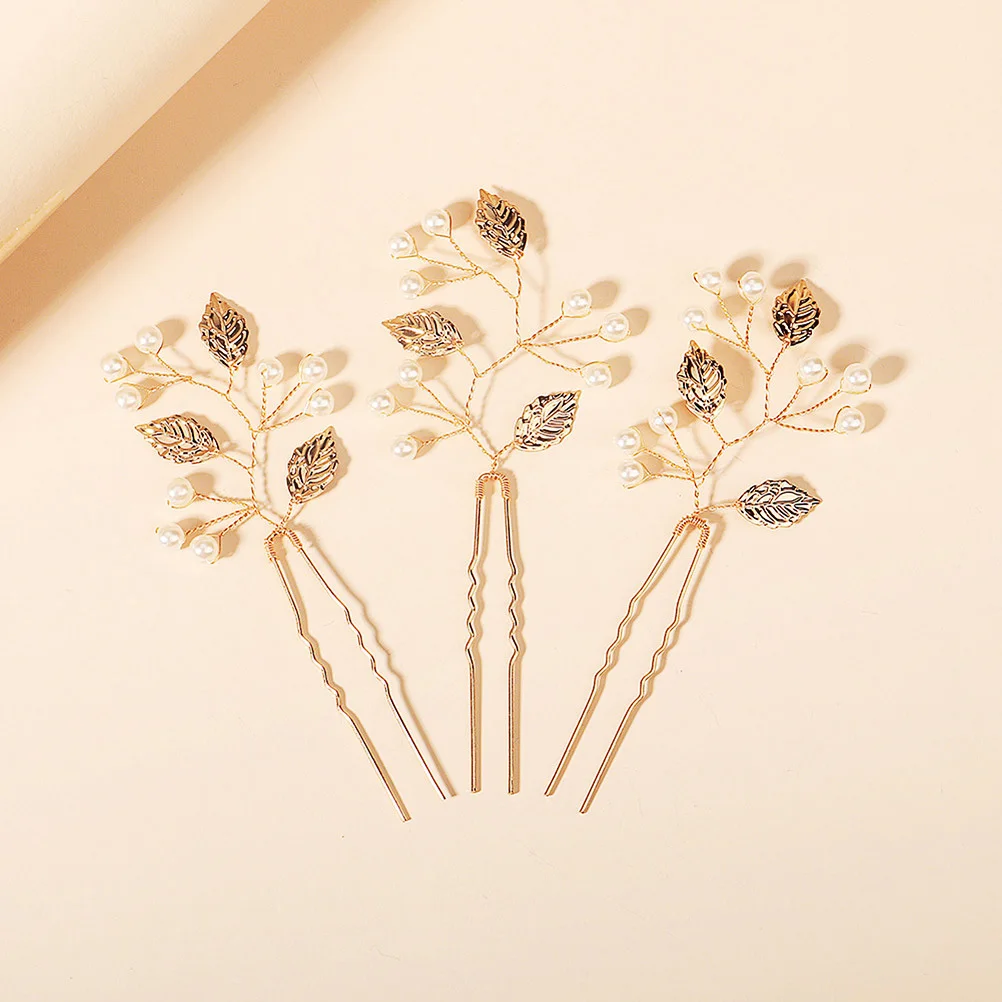 

3Pcs Pearl Leaves Hair Sticks U-Shape Hairpins Wedding Bridal Accessories Stylish Classic Hair Clips Pearl Hairpins