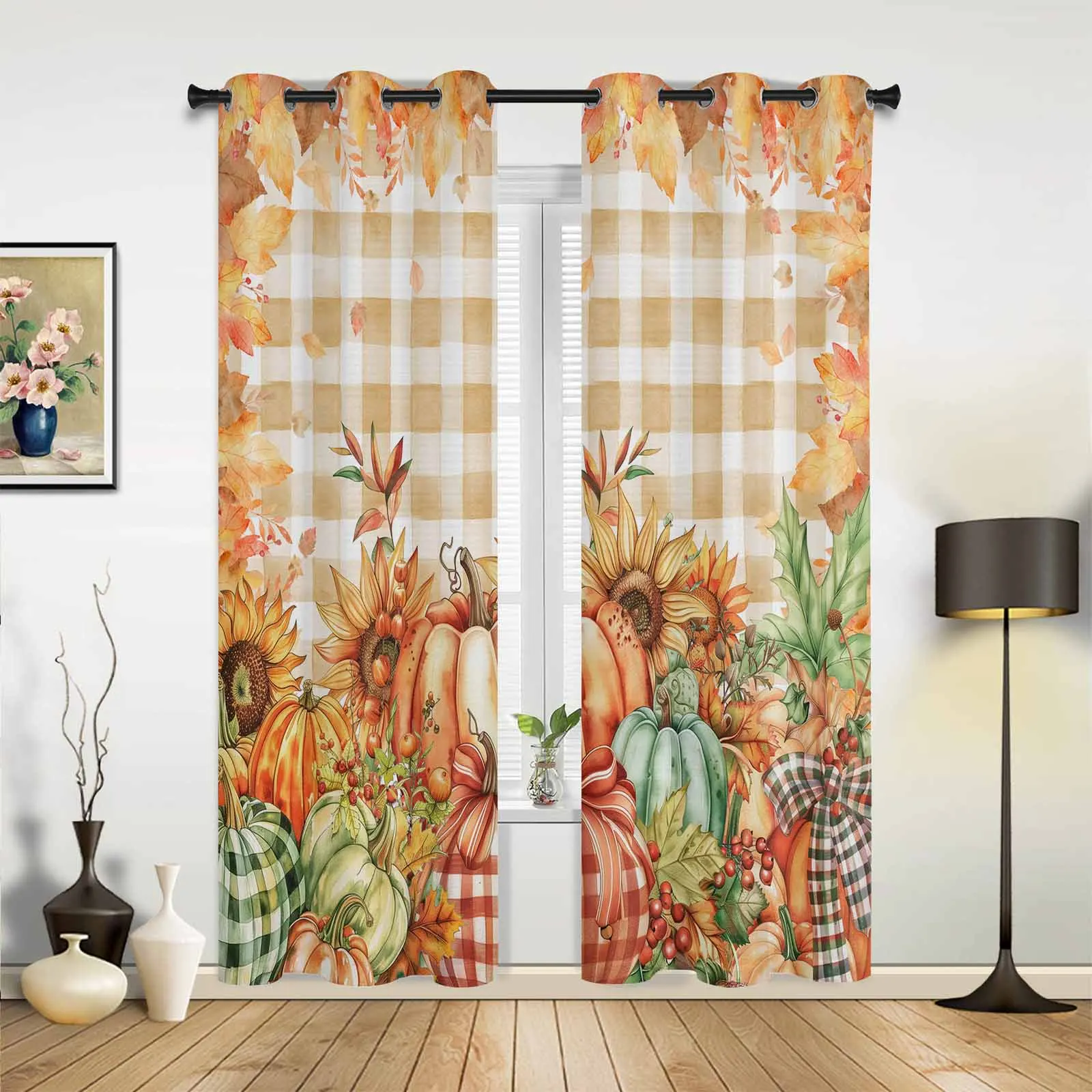 Thanksgiving Pumpkin Leaves Sunflower Grid Modern Panels Hall Curtains for Living Room Bedroom Window Curtains Hotel Drapes