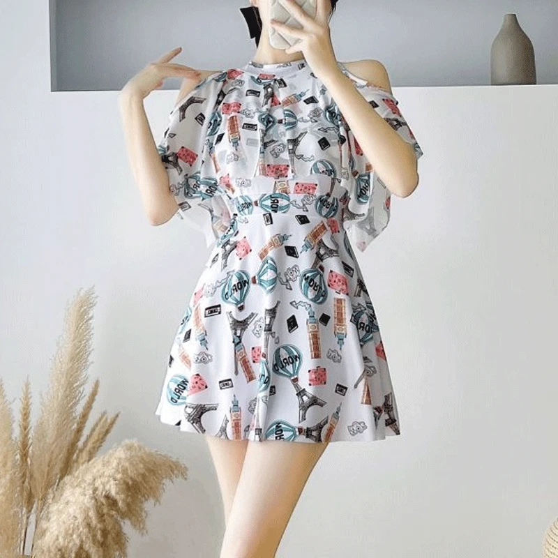 2023 Summer Fashion Oversized Temperament Women's Clothing Slimming Conservative Seaside Vacation Printed Off Shoulder Swimwears