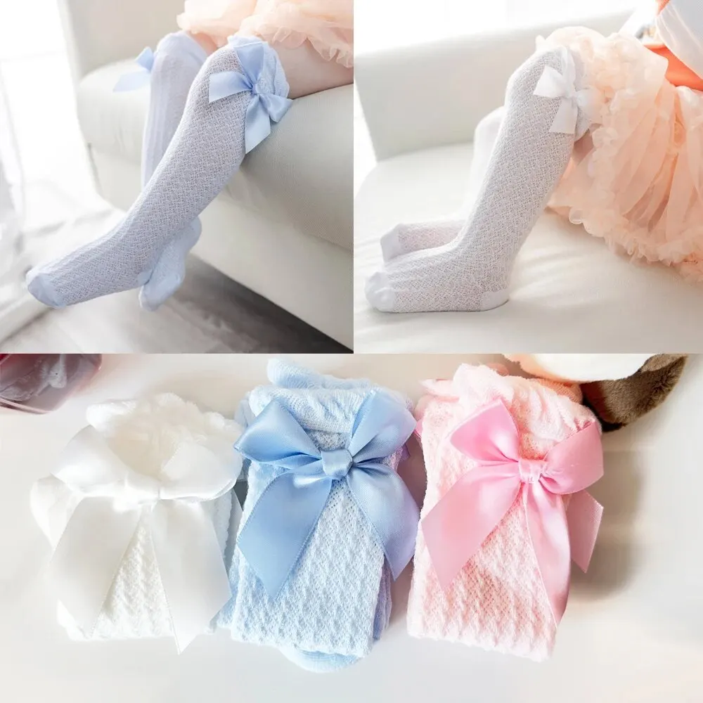 New 3 Pairs White Pink and Blue Baby Summer Hose Tube Bow Anti Mosquito Knee Socks