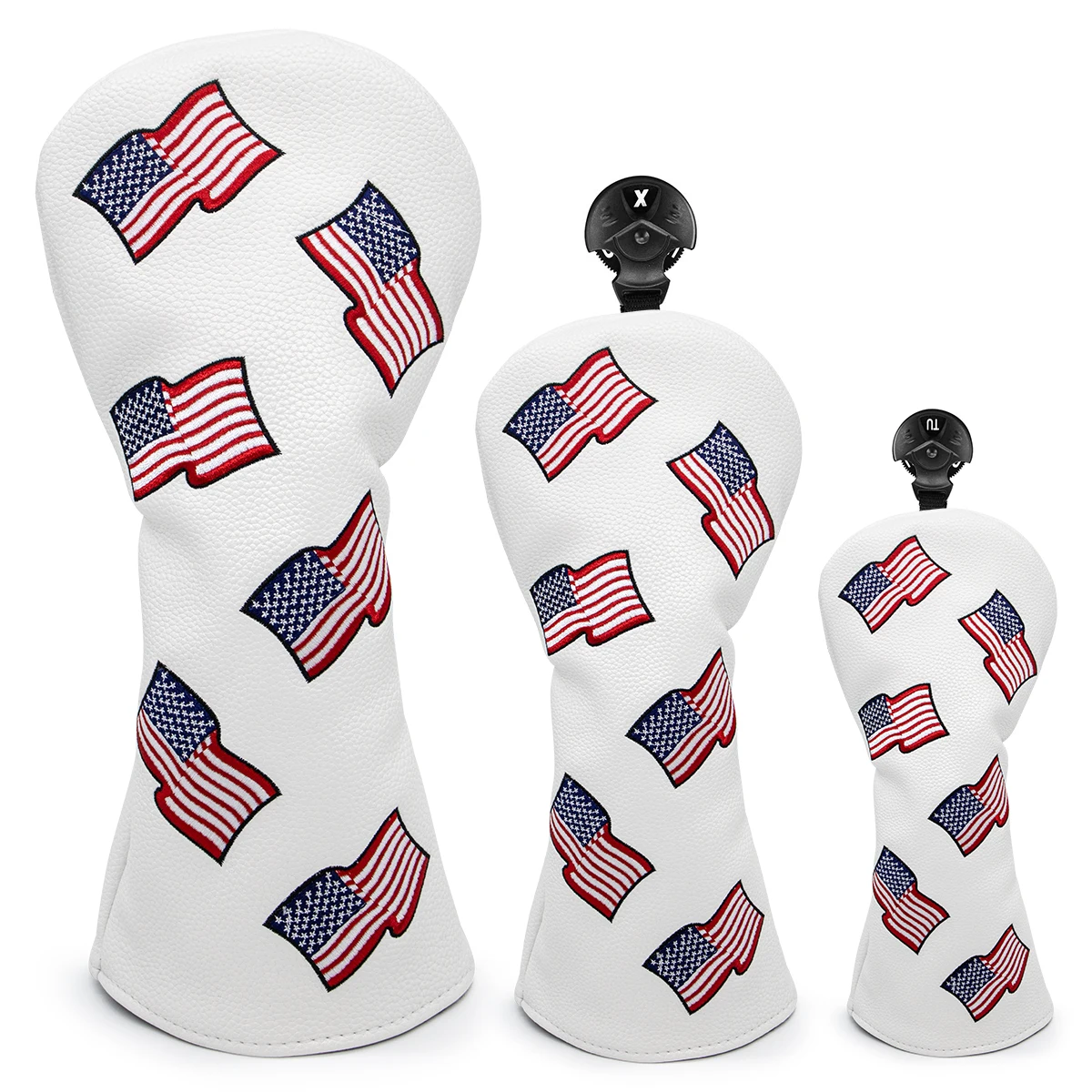 US Flag Patriotism Golf Club Head Covers White for Driver, Fairway Hybrid Woods - 4 Options - Synthetic Leather Golf Wood Head