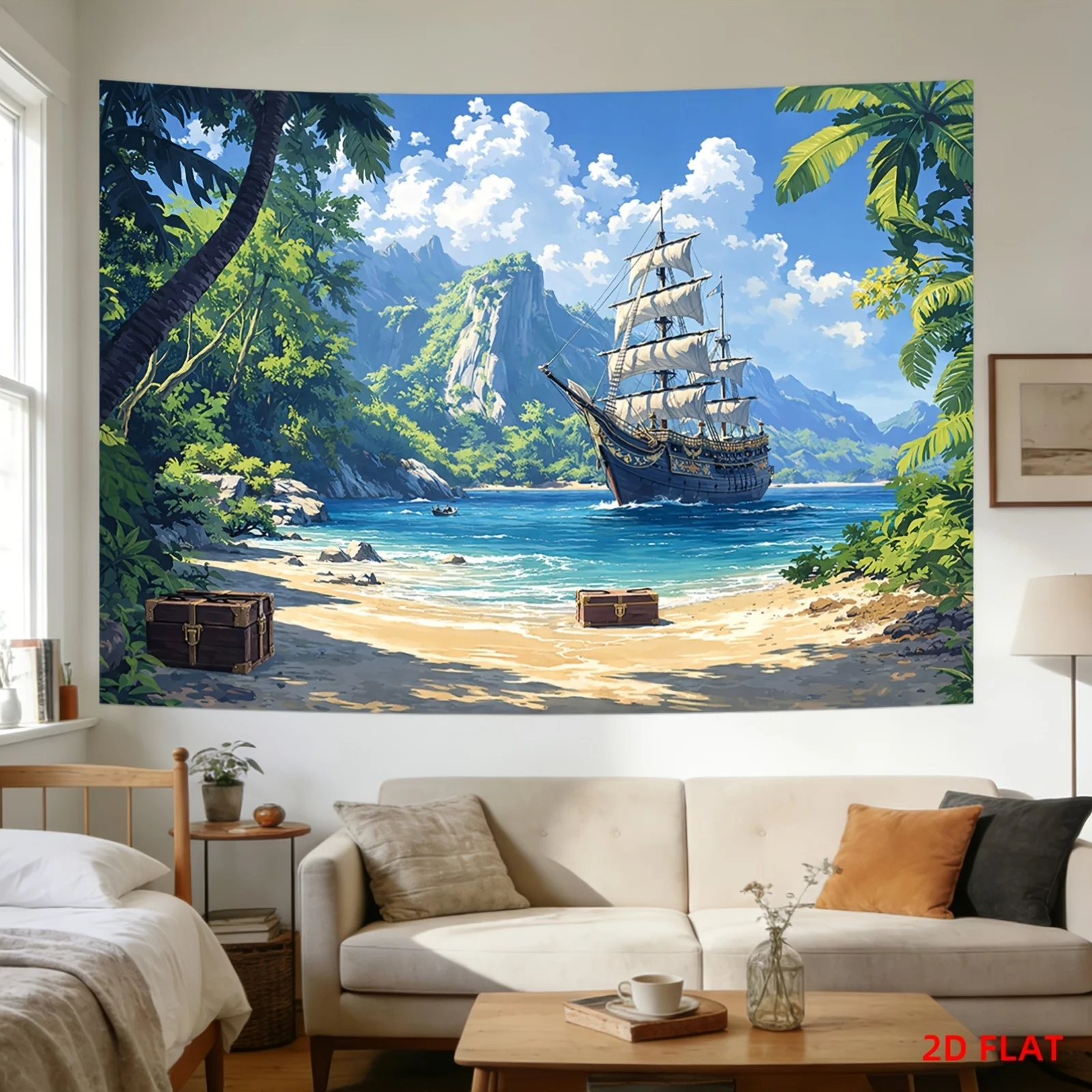 Pirate Ship Tapestry Polyester Wall Hanging Tropical Beach Treasure Chest Palm Trees Living Room 180x280cm
