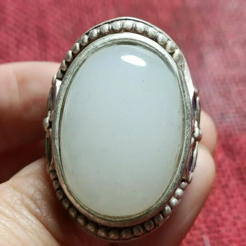 Vintage White Copper Silver Plated Cloisonne Ring, Inlaid White Jade Stone, Adjustable Open Unisex Handmade Jewelry