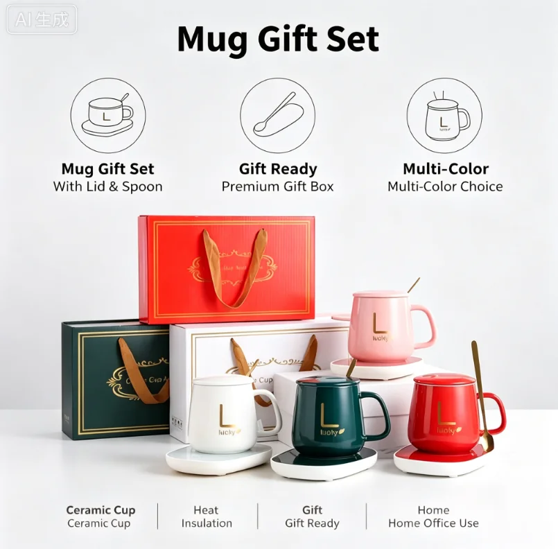 Insulated Ceramic Coffee Mug, 55‑Degree Heating Coaster, Constant Temperature Cup Complete Gift Box Set for Daily & Gifting Use