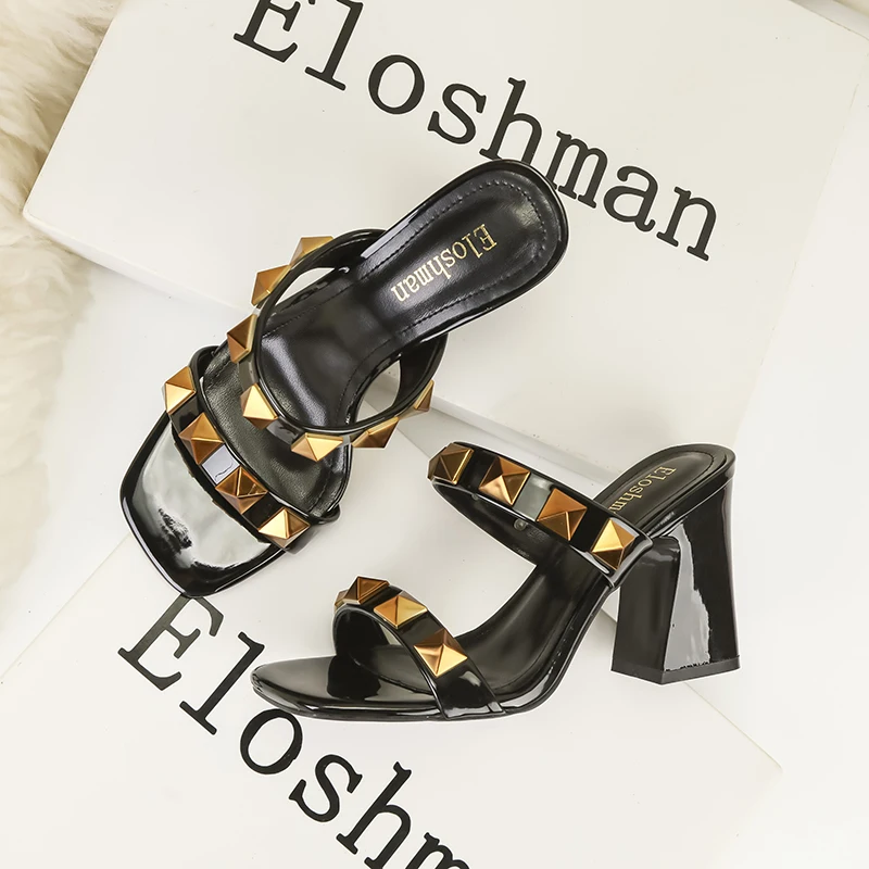 

2025 Summer Fashion Rivets Women Slippers Square Toe Patent Leather High Heels Sandals Sexy Party Slides Mule Ladies Shoes 34-41