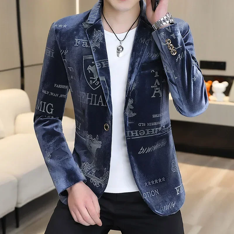 2024 New Spring and Autumn Season Men's Personalized Gold Velvet Small Suit Slim Fit Fashion Casual Men's Suit Coat