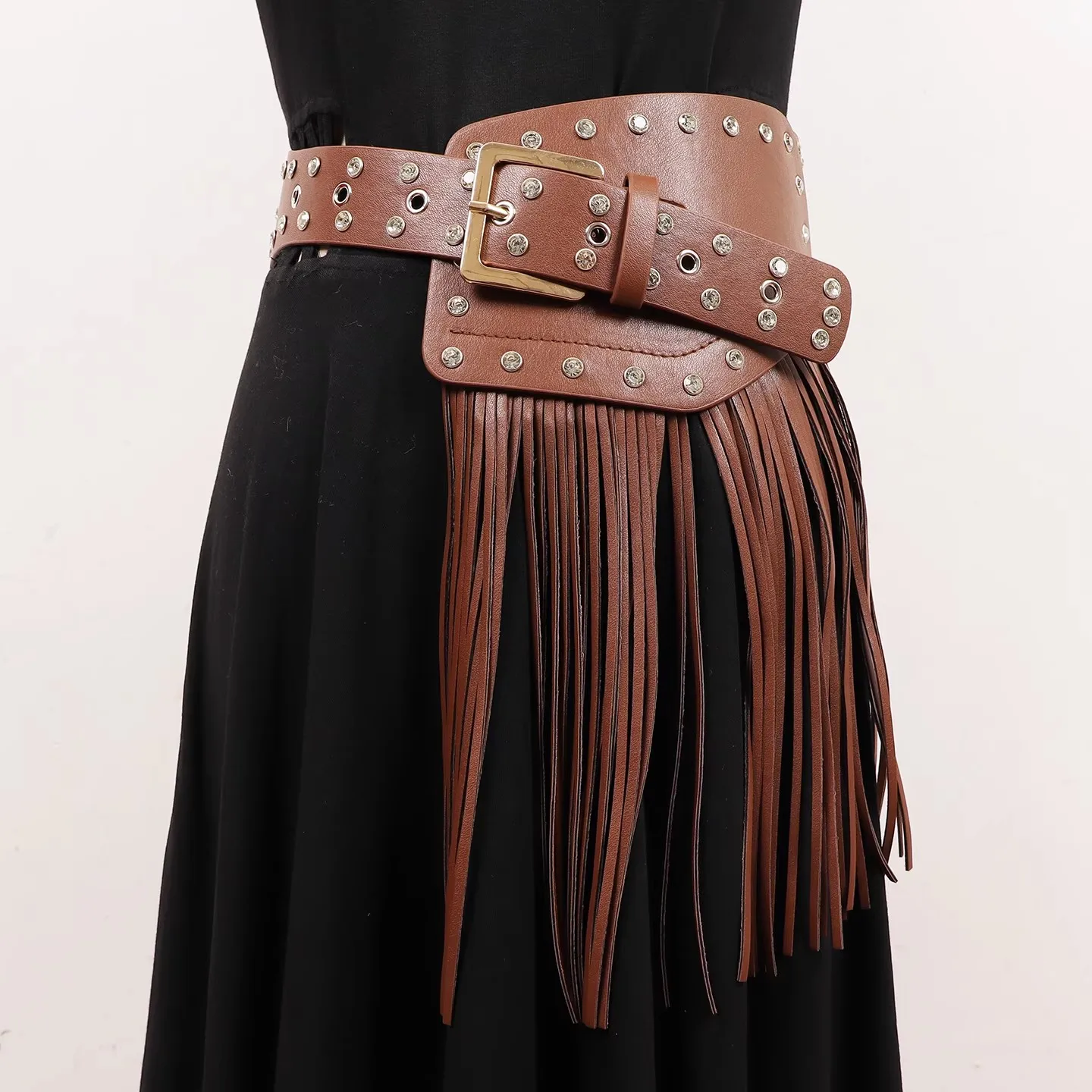 Women's Vintage Rivet PU Leather Tassel Cummerbunds Female Dress Corsets Waistband Belts Decoration Wide Belt R2495