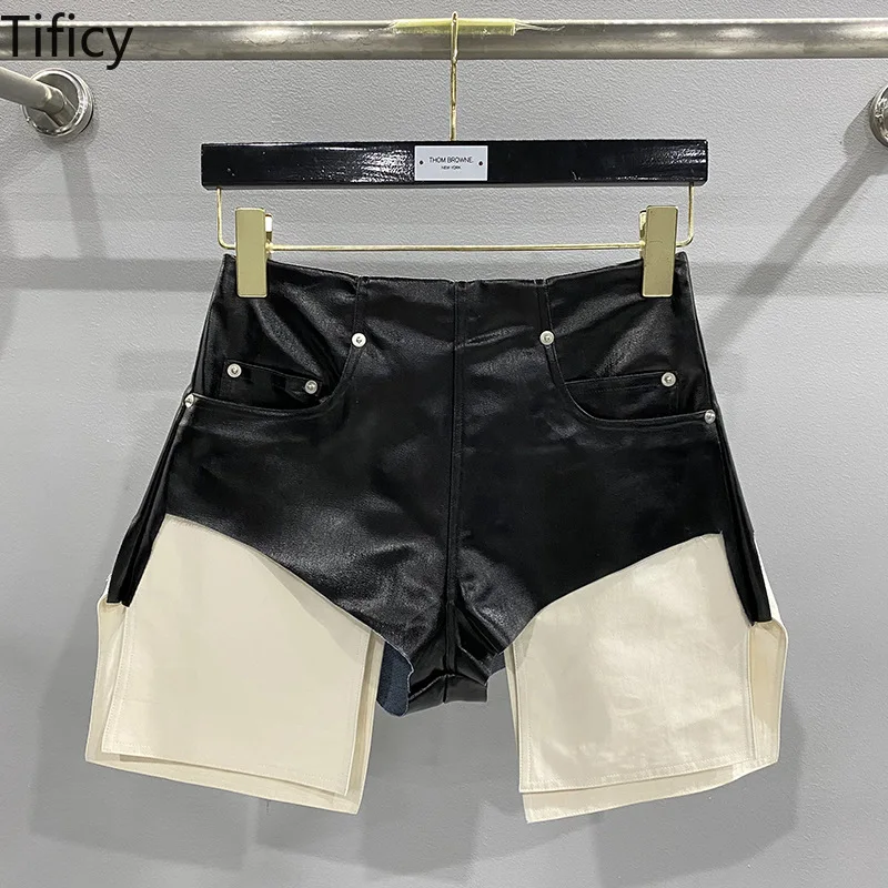 

TIFICY High Quality Women's New High Waist Zipper Shaped Denim Coating Flat Corner Pocket Color Block Short Pants