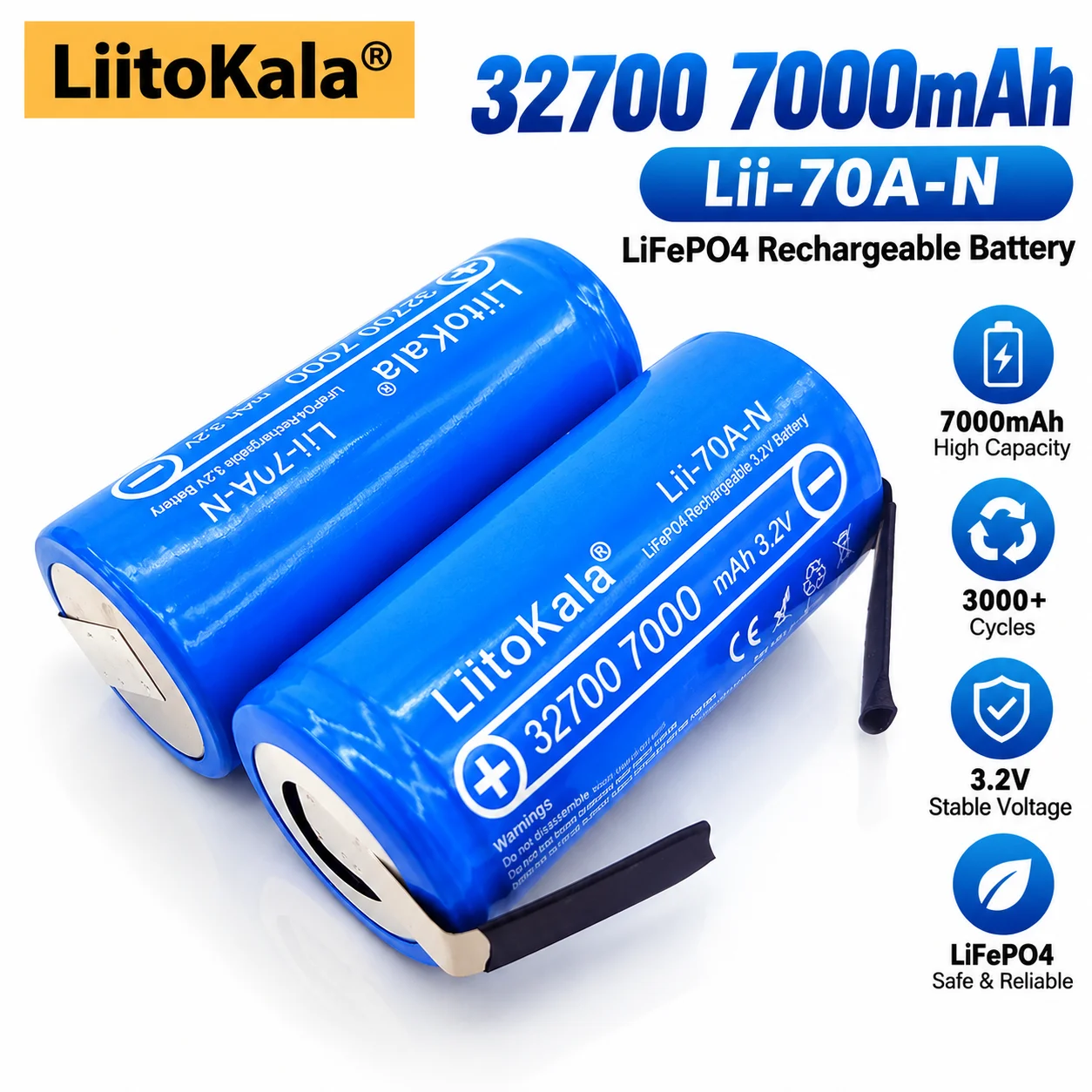 Liitokala 32700 3.2V 7000mAh LiFePO4 Rechargeable Battery Cell with Nickel Tabs for DIY Battery Pack E-Bike Power Tools