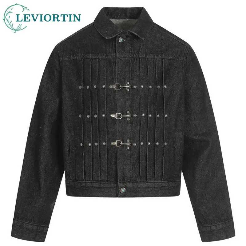 Spring and Autumn American Retro Cowboy Jacket for Men, Hip Hop Trendy Metal Airplane Buckle Design, Wrinkled Loose Short Jacket
