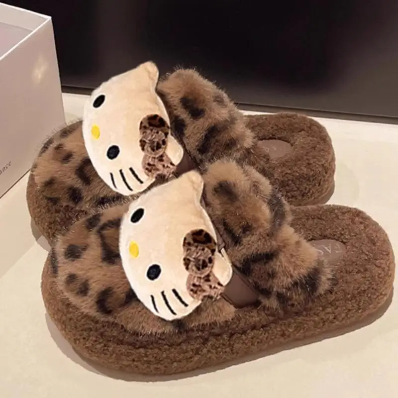 

Очаровательные меховые тапочки с леопардовым принтом «Hello Kitty», женские уличные зимние тапочки Ins, пушистые домашние хлопковые тапочки с сердечком для девочек