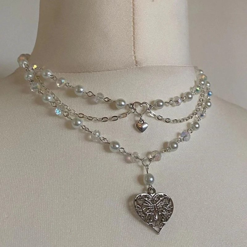 Layered Butterfly Pendant Necklace Multi-layer Simulated Pearl Chain Choker For Women Clavicle Chain Jewelry Ornament