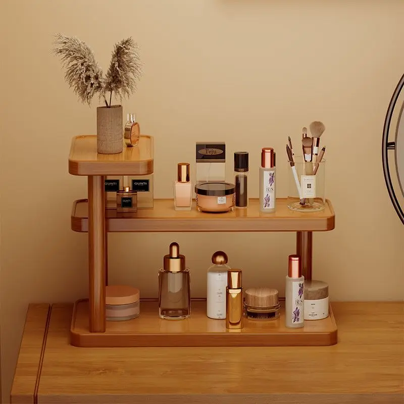 Solid Wood Cosmetic Storage Rack Vanity Desk Organizer For Skincare Perfume Lipstick Jewelry Entryway Tabletop Storage Shelf