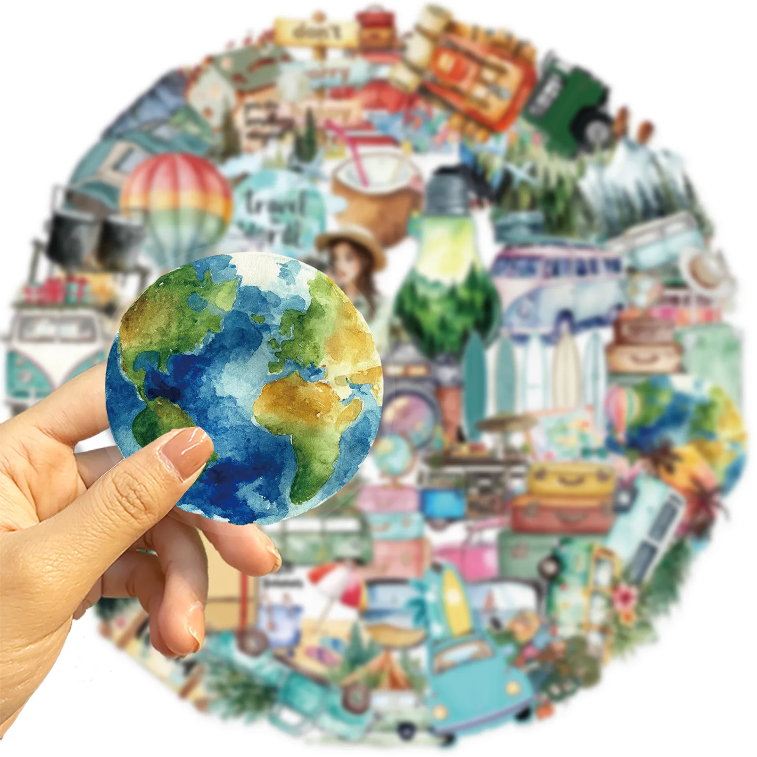 50 PCS Hand Drawn Cartoon Outdoor Travel Theme Stickers Pack Waterproof Transparent Decals Decorate Luggage Car Scrapbook
