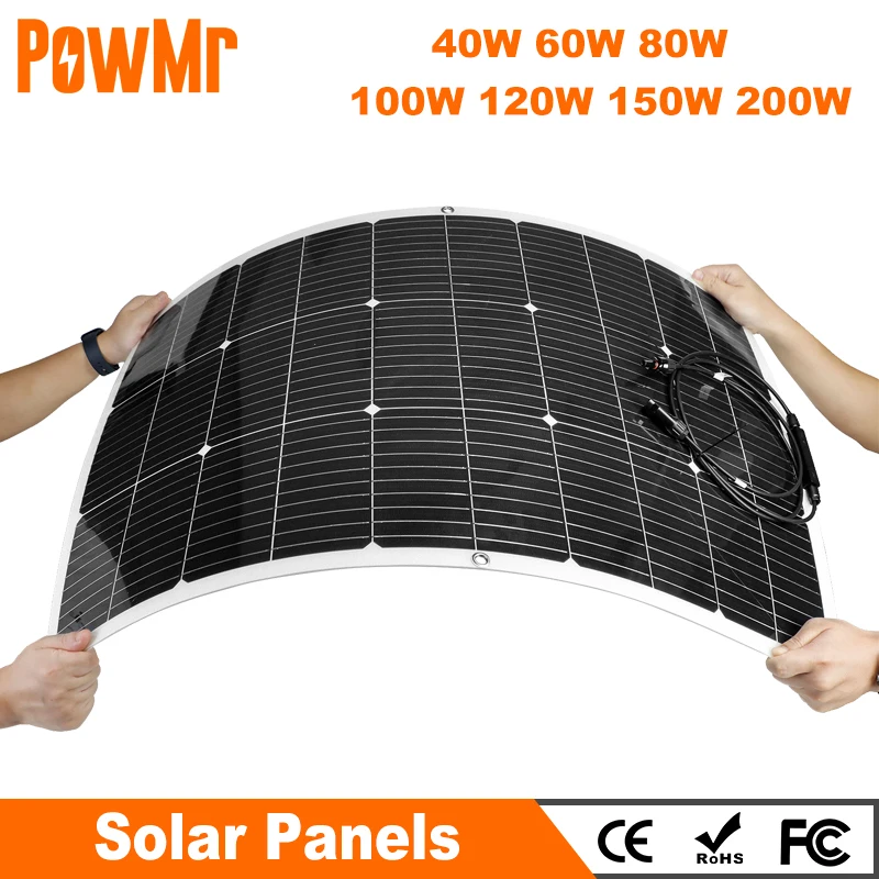 powmr painel solar 40w 60w 80w 100w 120w 150w 200w celula solar flexivel kit de placa para rv carro sistema solar em casa 01