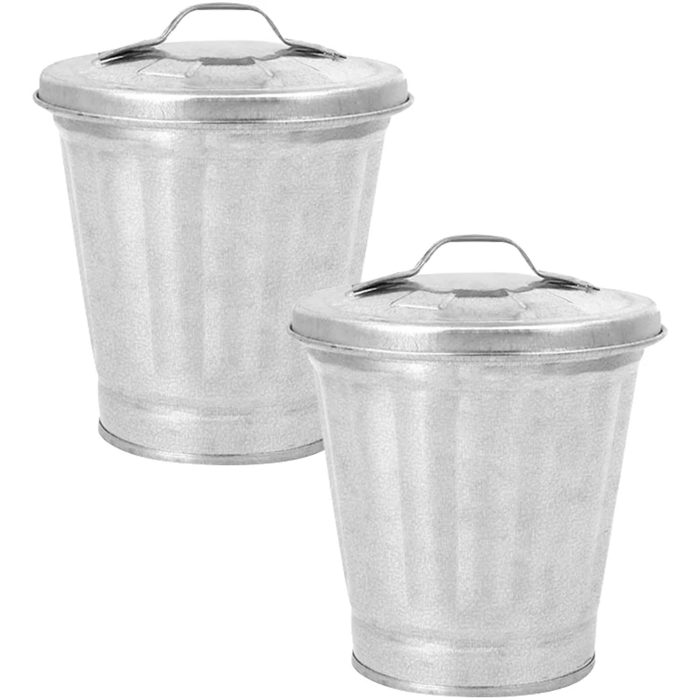 2 Pcs Mini Trash Can Small Wastebasket with Lid Plant Pot Office Countertop Buckets Nursery Galvanized Iron