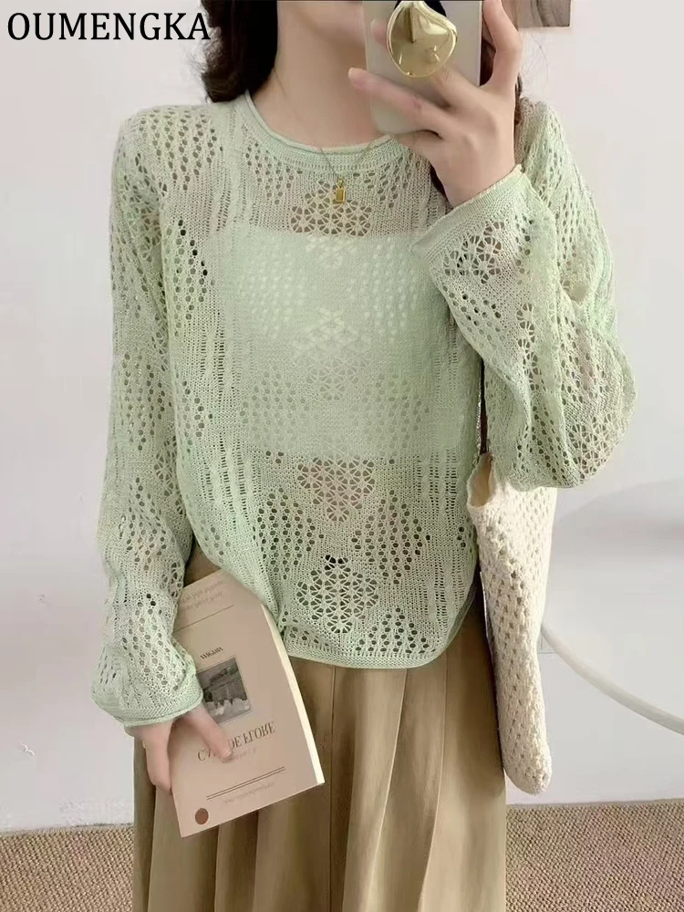 OUMENGKA T-shirts Women Spring Summer Long Sleeve Tops Thin Breathable Hollow Out Korean Style O-Neck Loose Chic All-match Tees