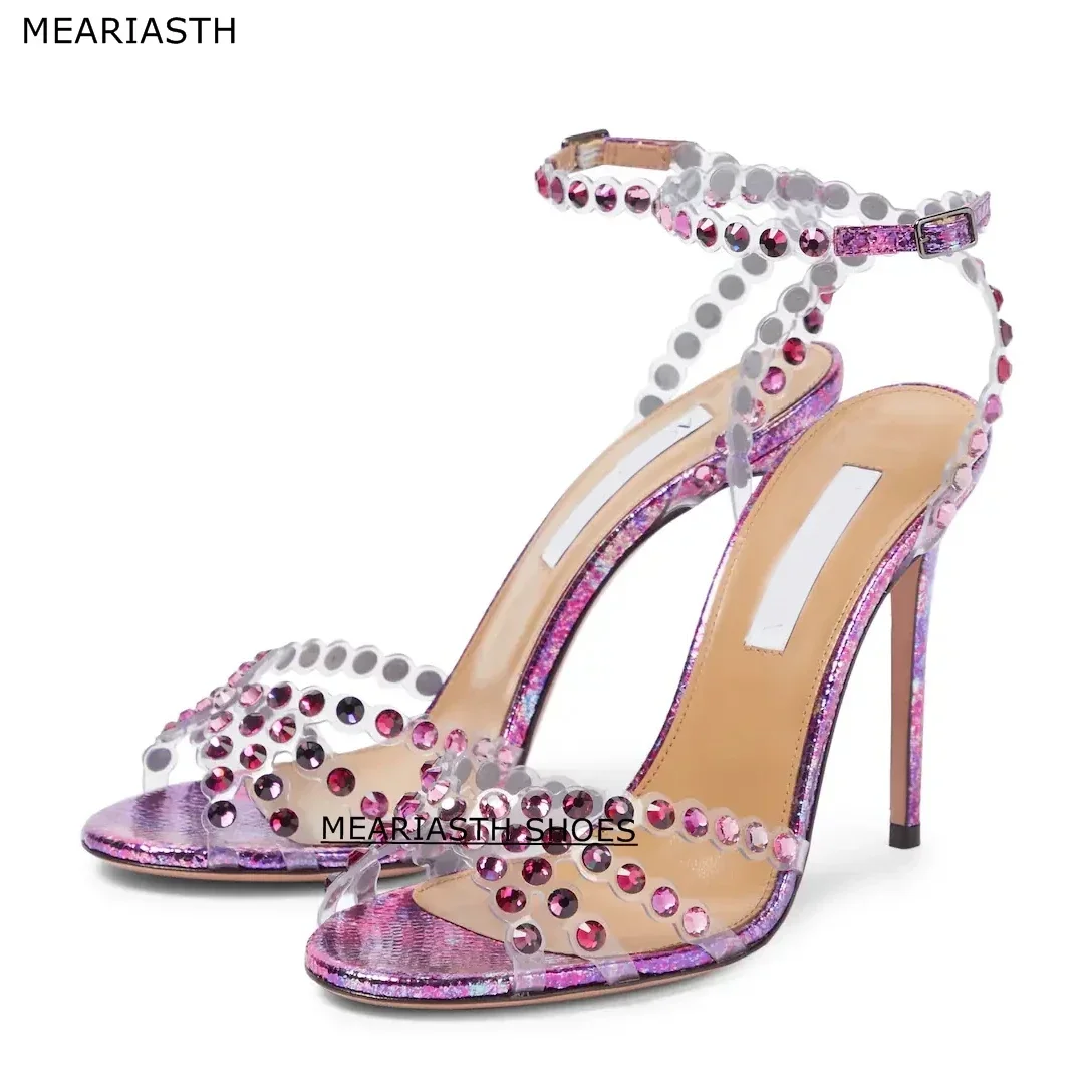 

purple Rhinestone PVC Transparent Crystal Women Sandals Summer Fashion Metal Sexy Square Toe Nightclub Banquet High Heels Shoes