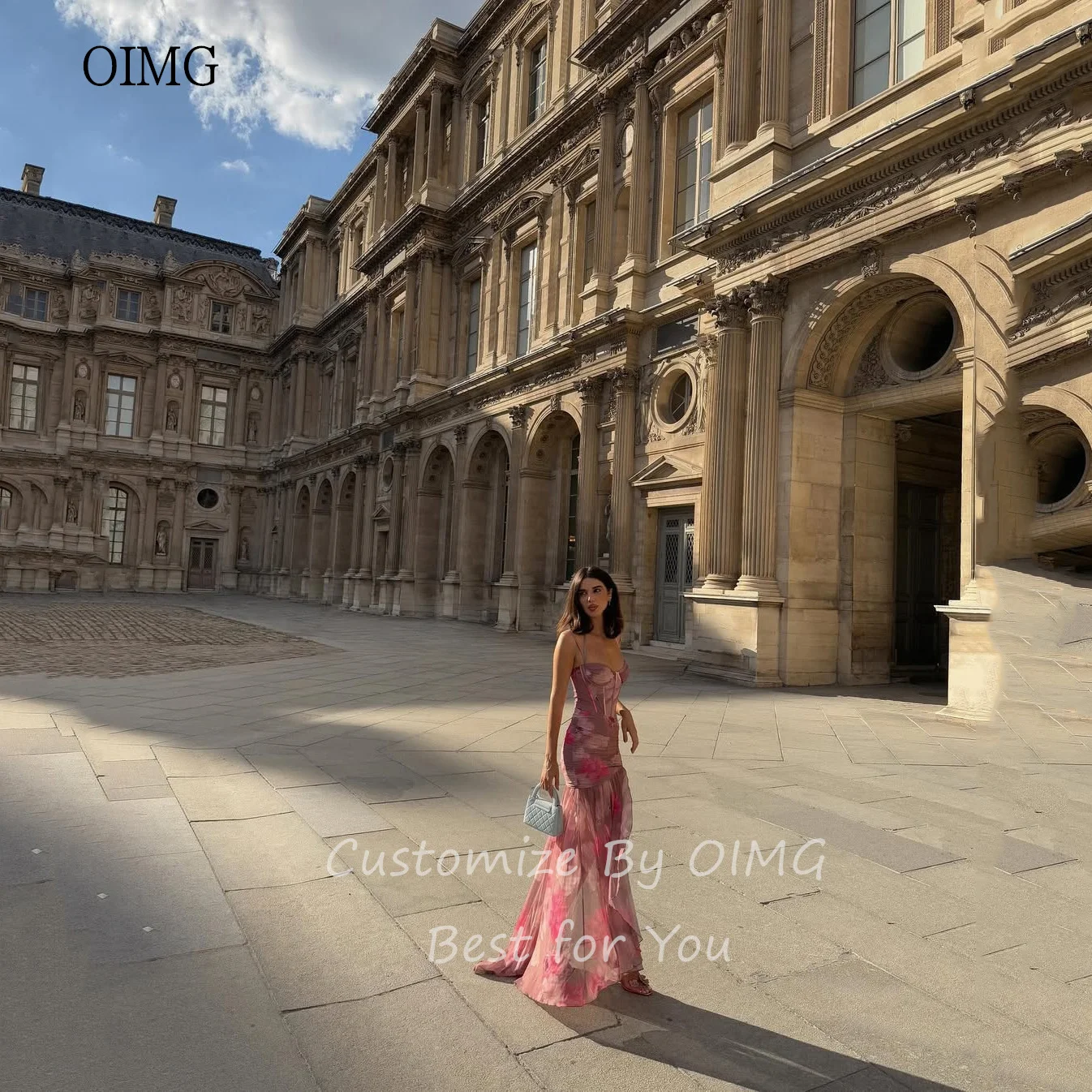 Sukienki balowe OIMG z nadrukiem, na ramiączkach spaghetti, w kształcie litery A, z dekoltem w serduszko, sukienki na przyjęcie, z rozcięciem z boku, długie do podłogi, sukienki wieczorowe szyte na miarę.