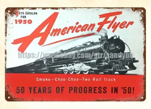 Letrero metálico de hojalata con diseño de trenes de juguete American Flyer de 1950