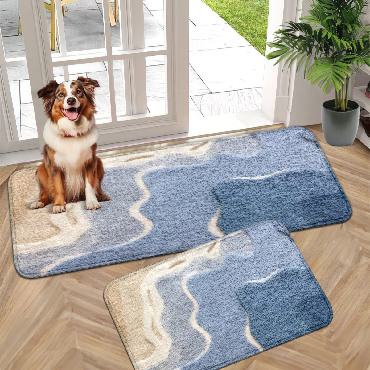 Morandi Blue Wave Mat, Green Mountain Door Mat, Gradient Landscape Rug, Stripe Dog Mat, Color Block Pet Decor Set.