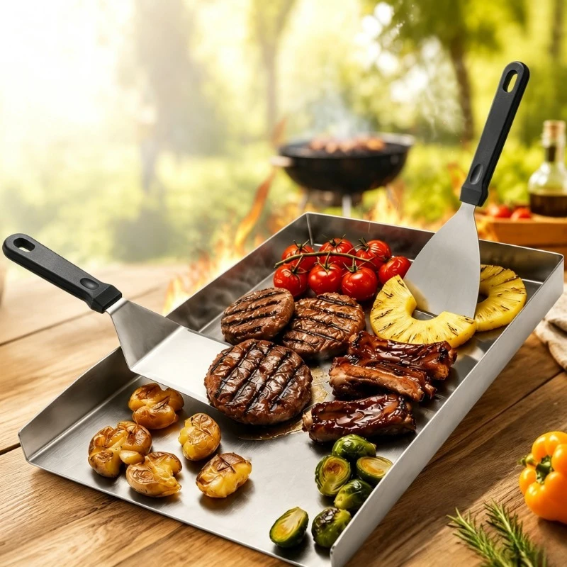 Piastra per Griglia in Acciaio Inox con Spatole, Grande Piastra Rettangolare per Barbecue, Vassoio Antiaderente Resistente, Piastra per Cottura a Dist