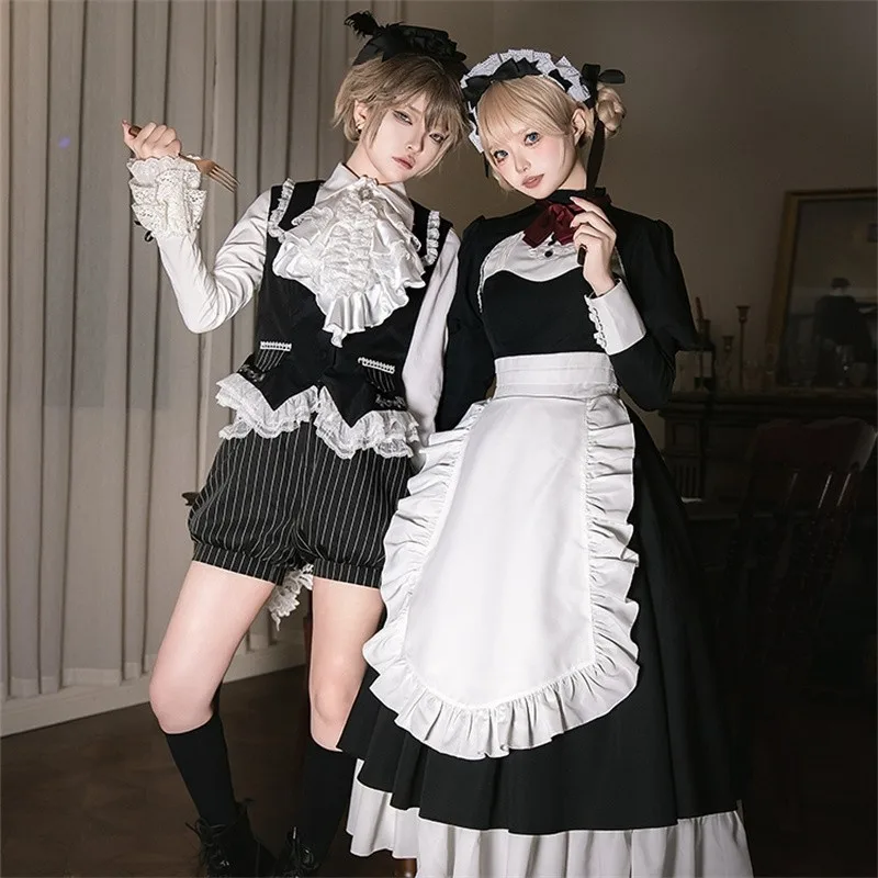 Vintage Fake Three Piece Maid Lolita Set Elegant Retro Vest Shorts Set Black White Lace Banquet Set