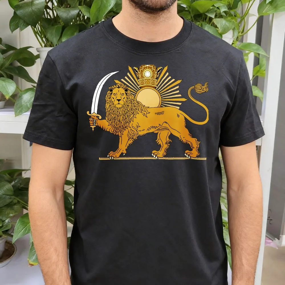 Regal Persian Golden Lion with Sun Crown and Scimitar Majestic Heritage Graphic Tee for Iranian Pride Men's T-shirt Short-sleev