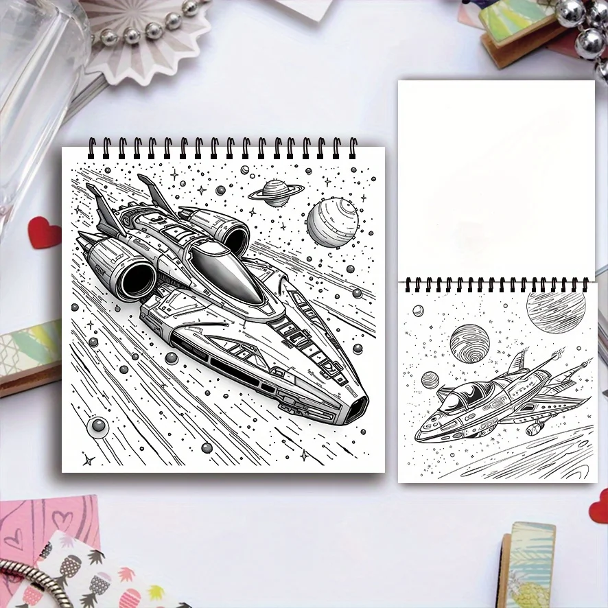 Spacecraft Coloring Book - 8.27 x 8.27 inches 32 pages spaceship coloring book - helps relieve stress and emotions, positive thi