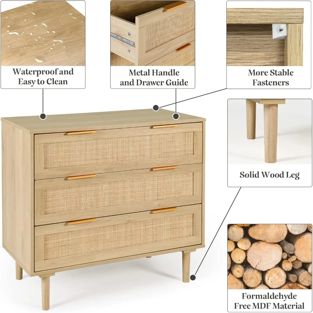 Comò moderno in rattan a 3 cassetti, cassettiera portaoggetti in legno di quercia per la cameretta dei bambini