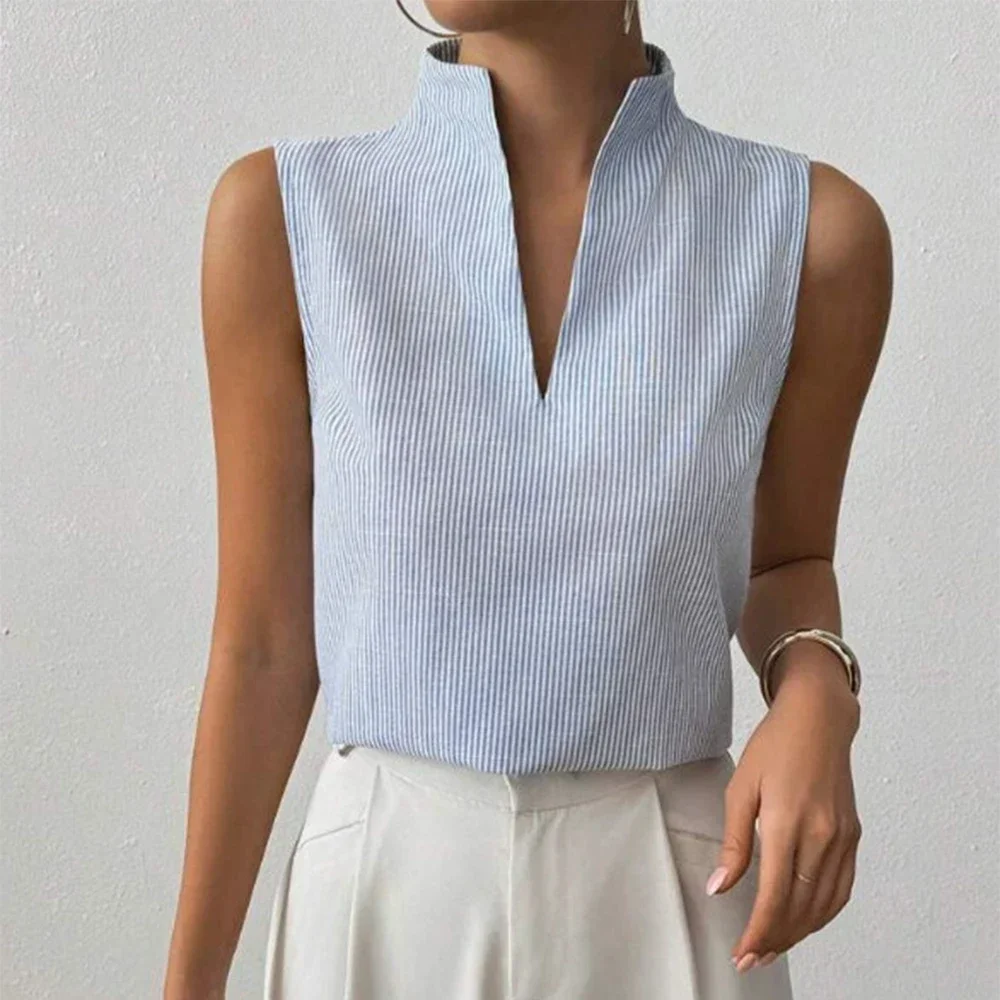 

Women's Tanks Summer K-Fashion Comfortable Stripes Sleeveless Stand Collar Comfortable versatile Regular Fit Office Lady Tanks